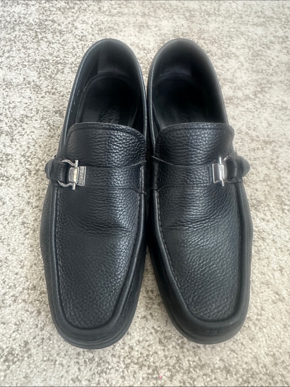 Ferragamo Black Pebbled Leather Loafer Shoes 10